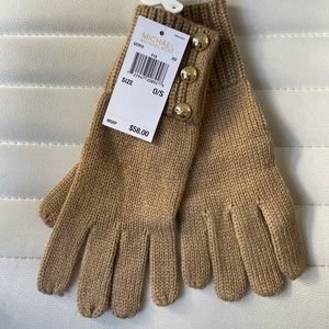 Michael Kors Camel Knit Gloves Gold Button Detail NWT
